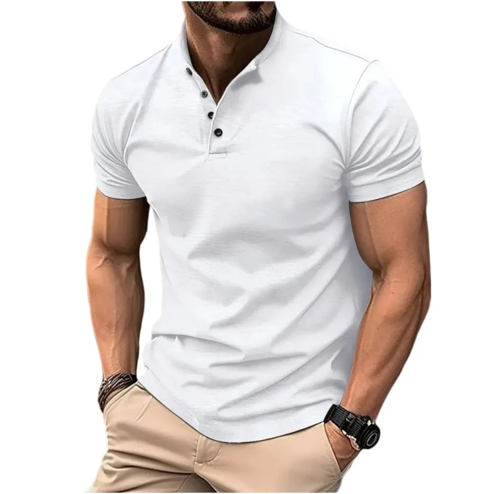 Comfortable men's short sleeve Henley, a casual top with a mandarin collar for stylish everyday wear.