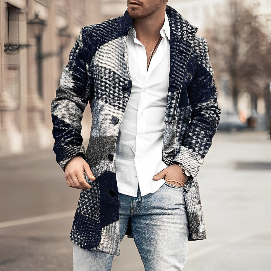 Elegant men's classic winter button-up overcoat, a timeless piece of tailored outerwear.