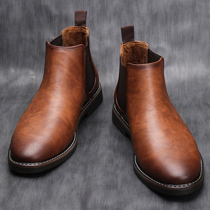 Men's classic tan leather Chelsea boots, side view, ideal for casual and dress wear