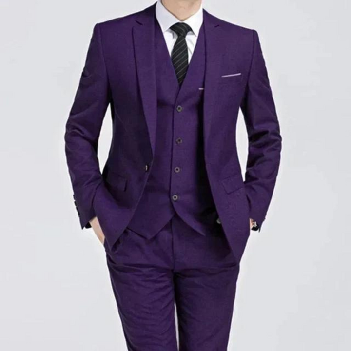 Men's classic three-piece purple spring suit, tailored for formal wear & business attire