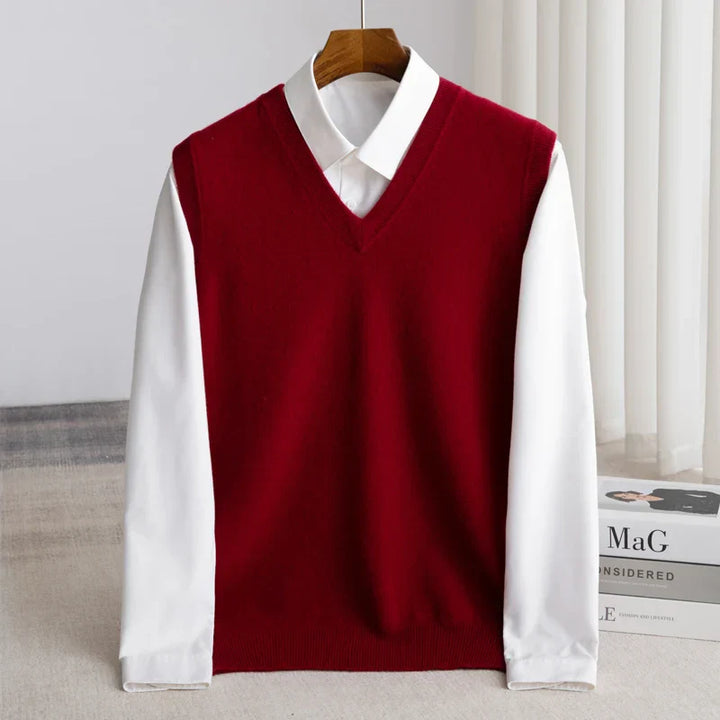 Stylish men's fashion V-neck sweater vest, an effortless layering piece for modern looks.