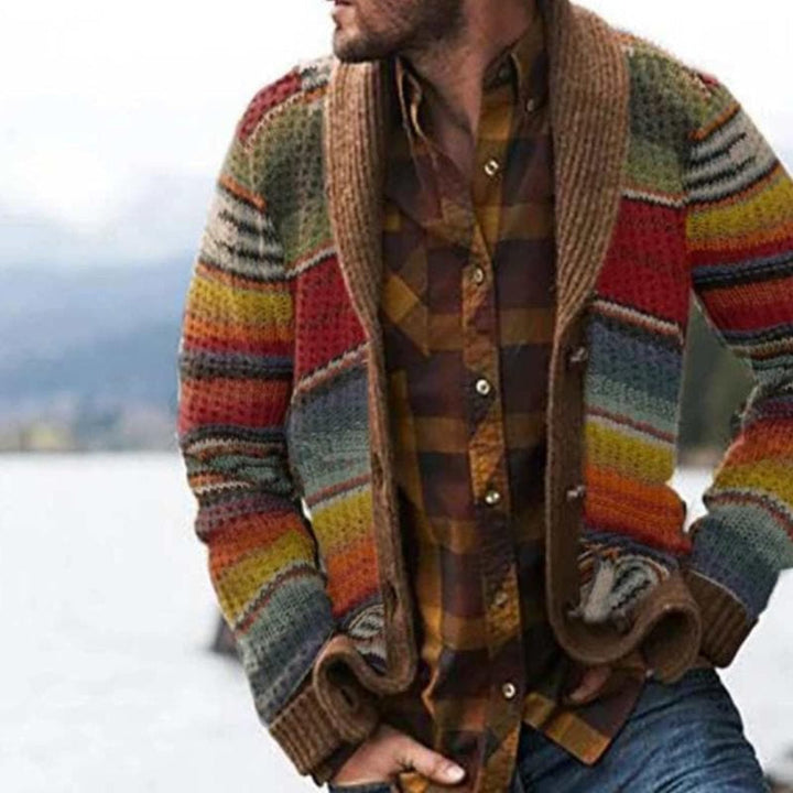 Relaxed fit men's striped cardigan, a comfortable and colorful open-front sweater with long sleeves, ideal for casual wear.