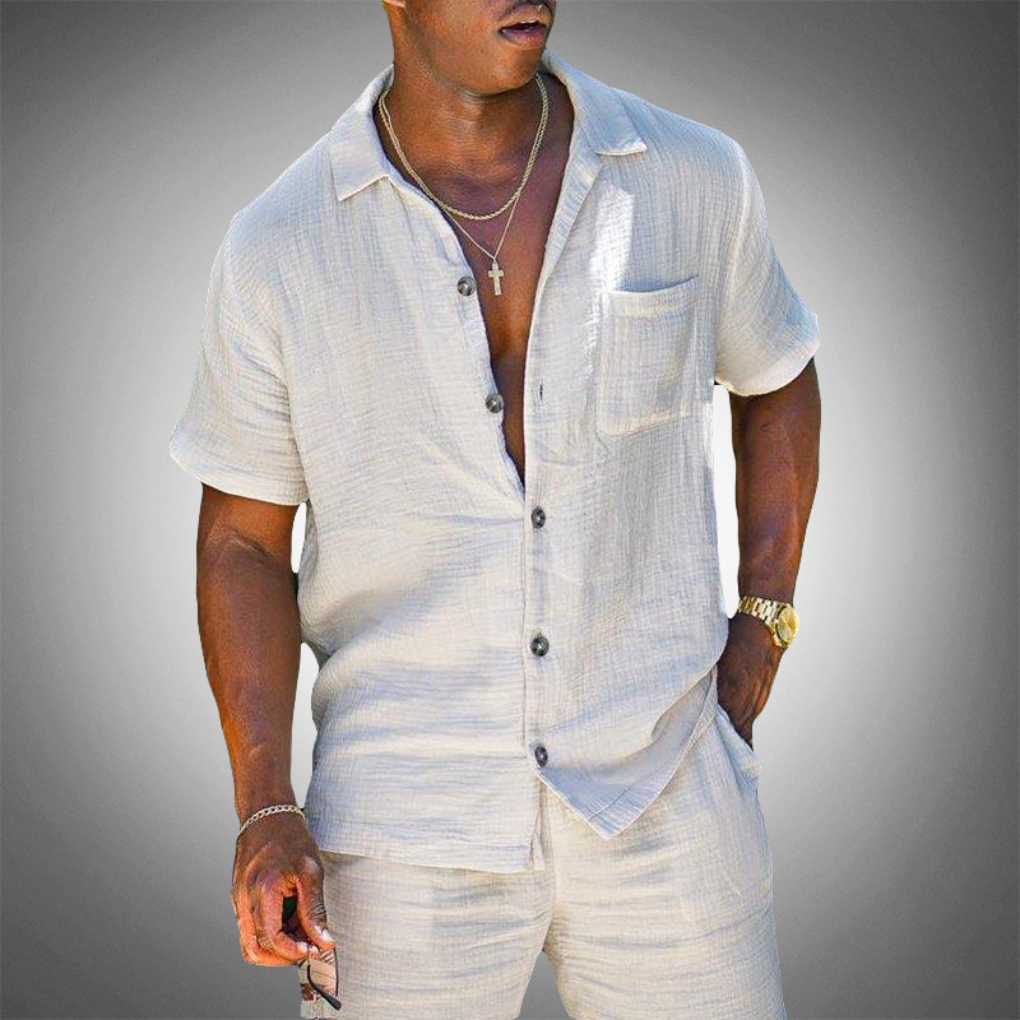 Men's casual knitted two-piece set in white, beige, or pink. Polyester blend for spring/summer comfort.