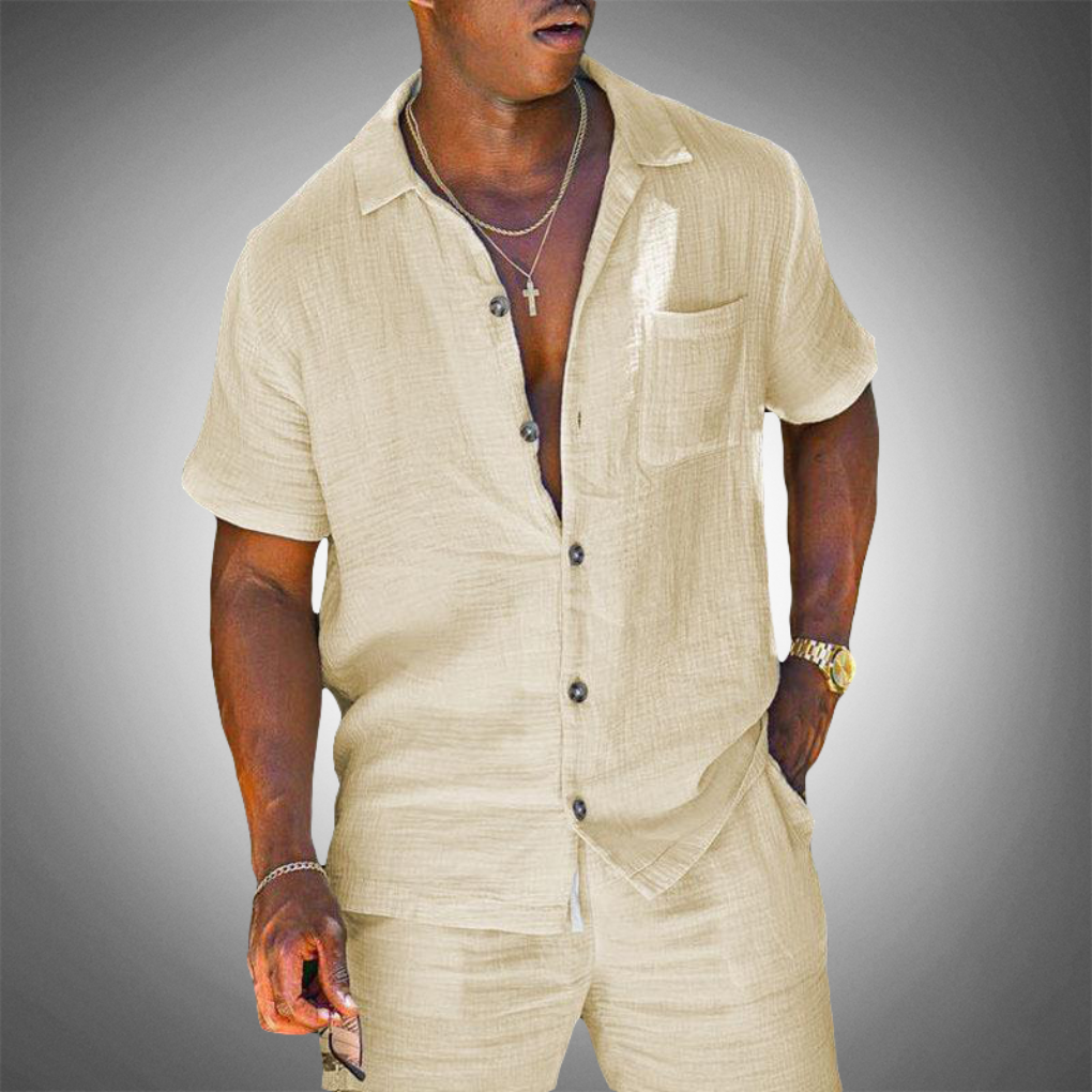 Stylish men's knitted co-ord set for warm weather. Relaxed fit two-piece ideal for holidays & casual spring outfits.