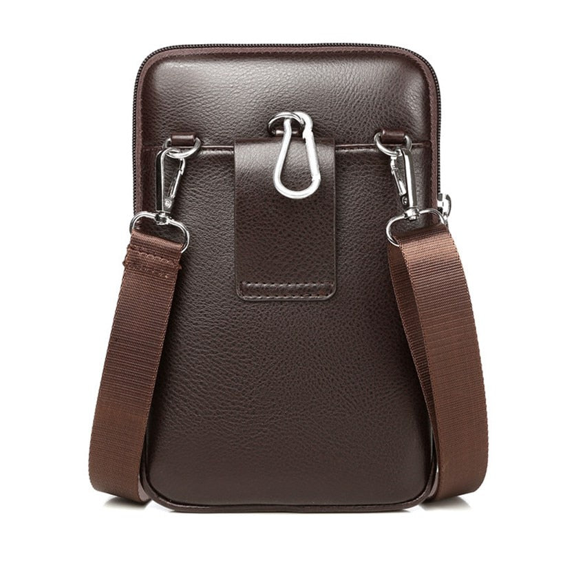 Compact men's PU leather crossbody bag, perfect for daily essentials, adjustable and durable.