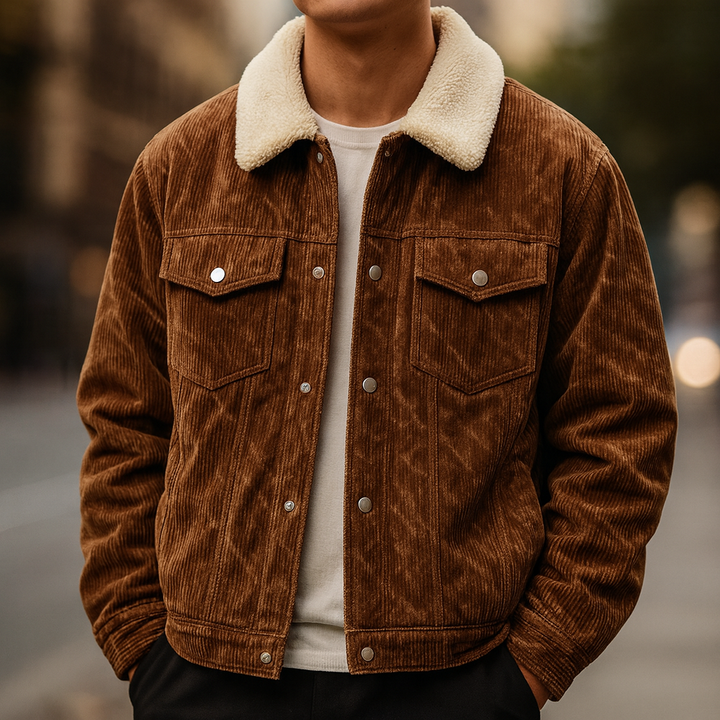 Men's corduroy sherpa-lined jacket, warm winter coat for casual style, button-up outerwear