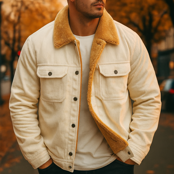 Close-up of men's utility jacket featuring corduroy texture and plush sherpa lining for cold weather.