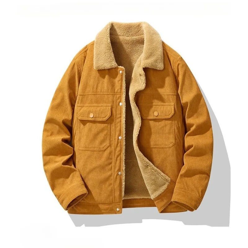 Model wearing a men's snap button corduroy jacket with cozy sherpa lining, ideal for fall/winter.