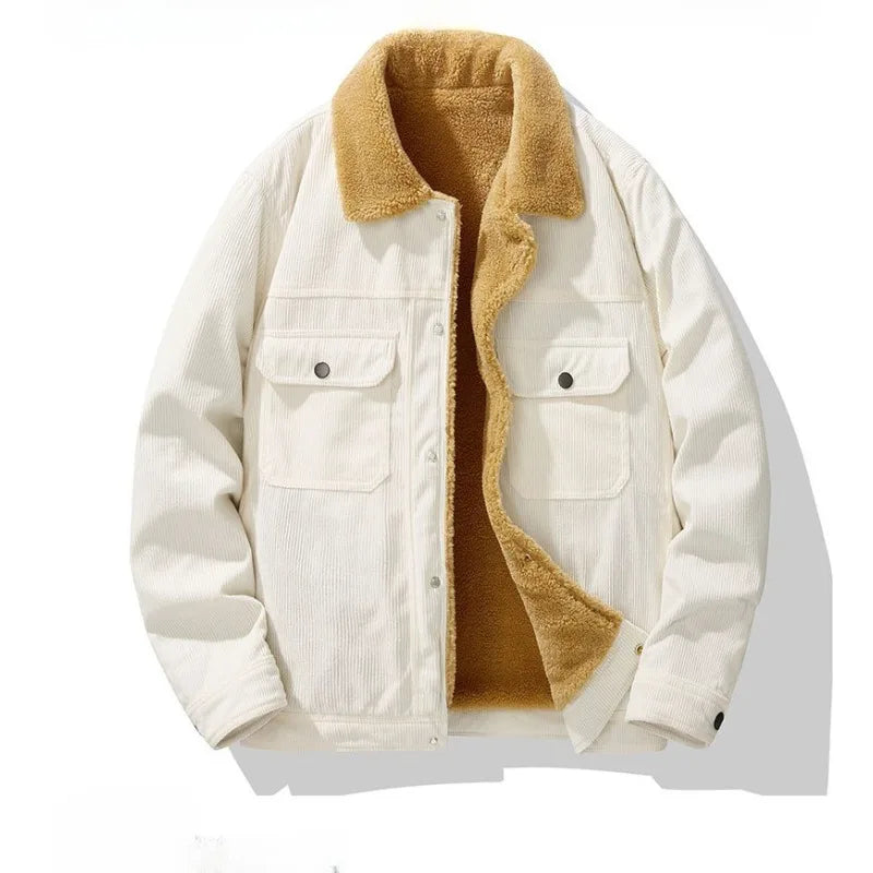 Front view of a durable men's corduroy sherpa lined jacket, a versatile and warm winter coat.