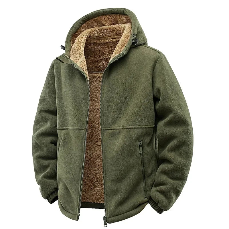 Warm men's collared fleece jacket styled with casual wear, ready for cold weather.
