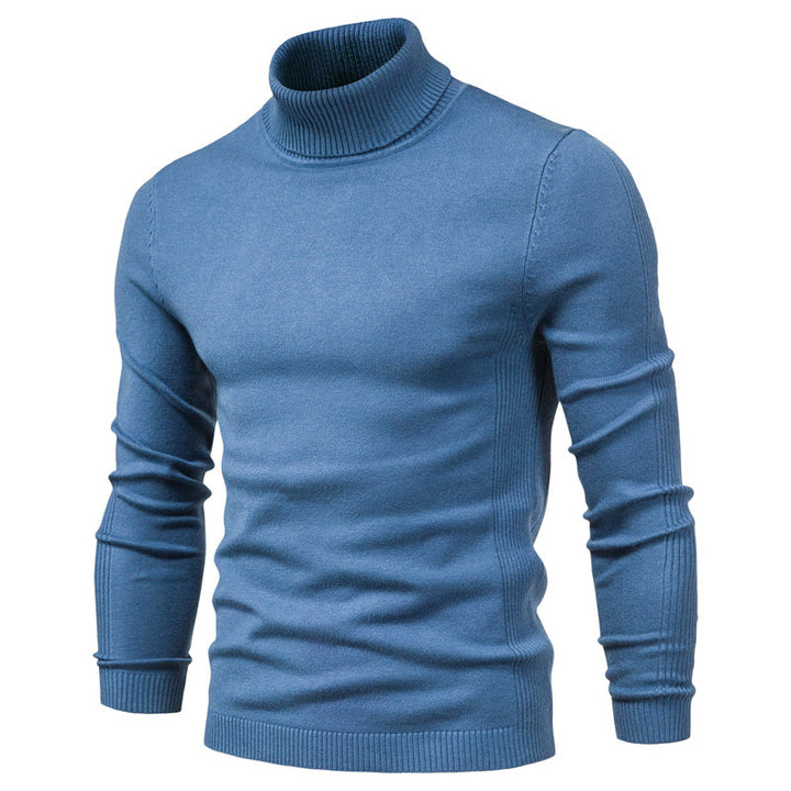 Man wearing a long sleeve, warm, high neck knitted winter sweater