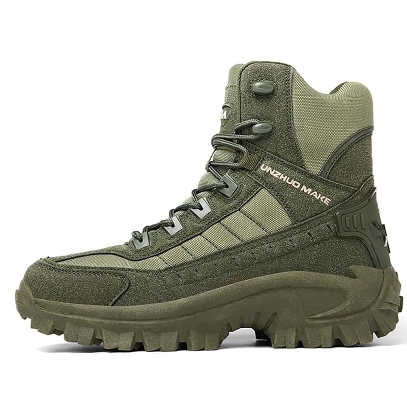 Beige men's work boots, reliable & supportive for demanding outdoor jobs & hiking.