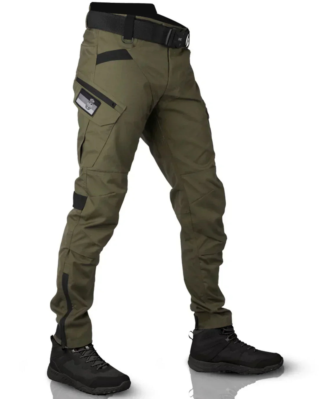 Side view of men's military-style cargo pants with various pockets, emphasizing functionality & comfort
