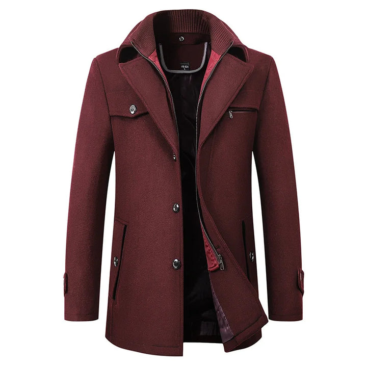 Sophisticated men's black overcoat for cold weather, featuring a sleek button design