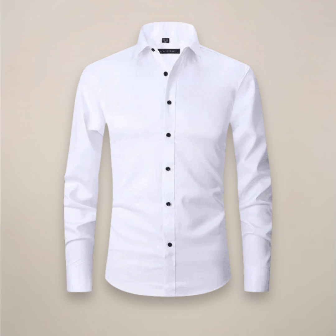 Man wearing a stylish gray tailored button-up shirt, showcasing casual and smart appeal.