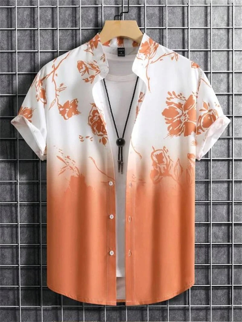 Men's floral print short-sleeve collared shirt, perfect for casual summer wear.
