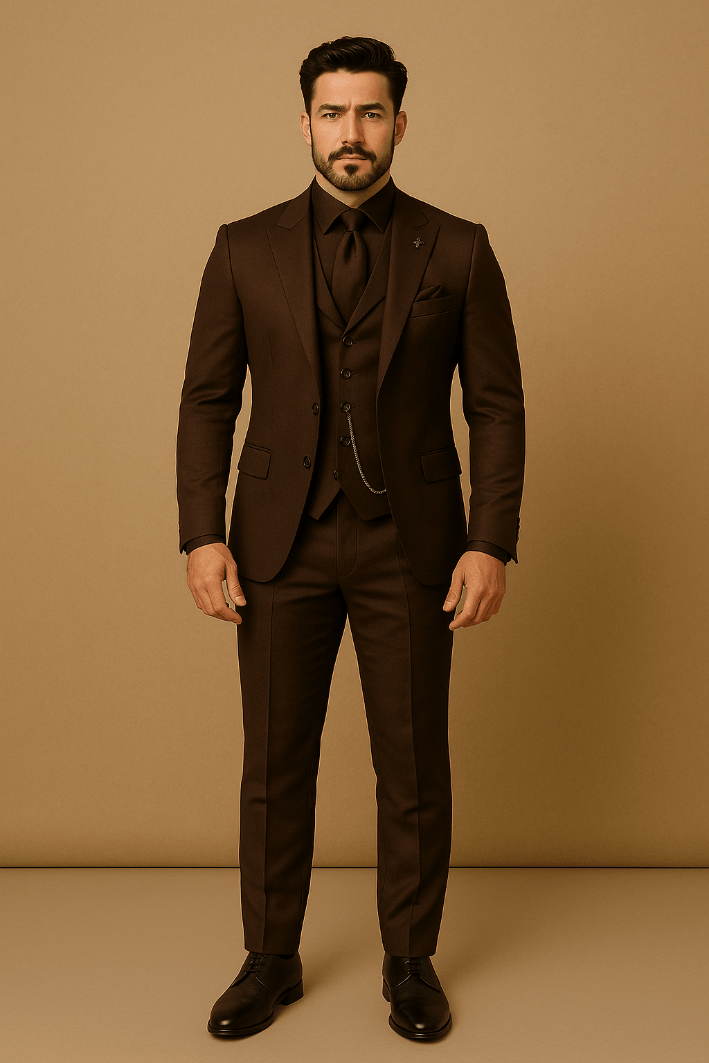 Accessories paired with a men's formal three-piece suit, including pocket square and dress shoes.
