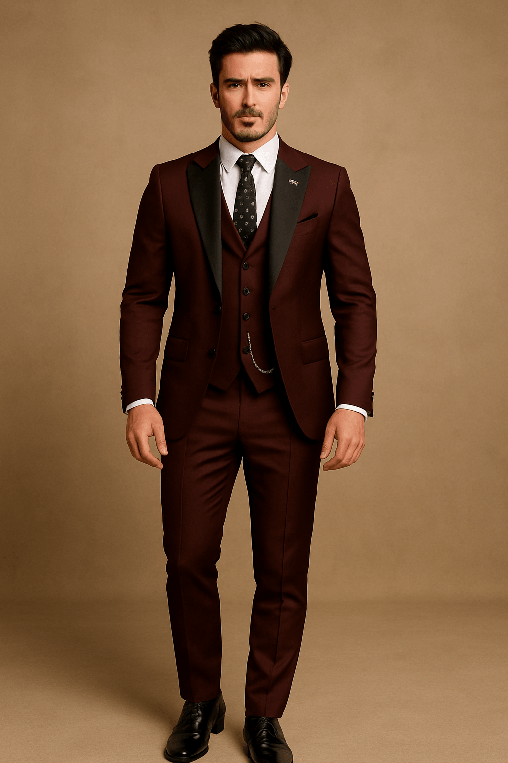 Close-up of the lapel of a men's spring three-piece formal suit, highlighting the design details.