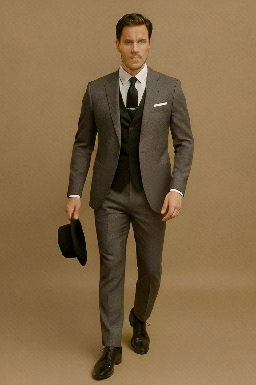 Man adjusting his tie while wearing a smart three-piece formal suit, ready for a spring event.
