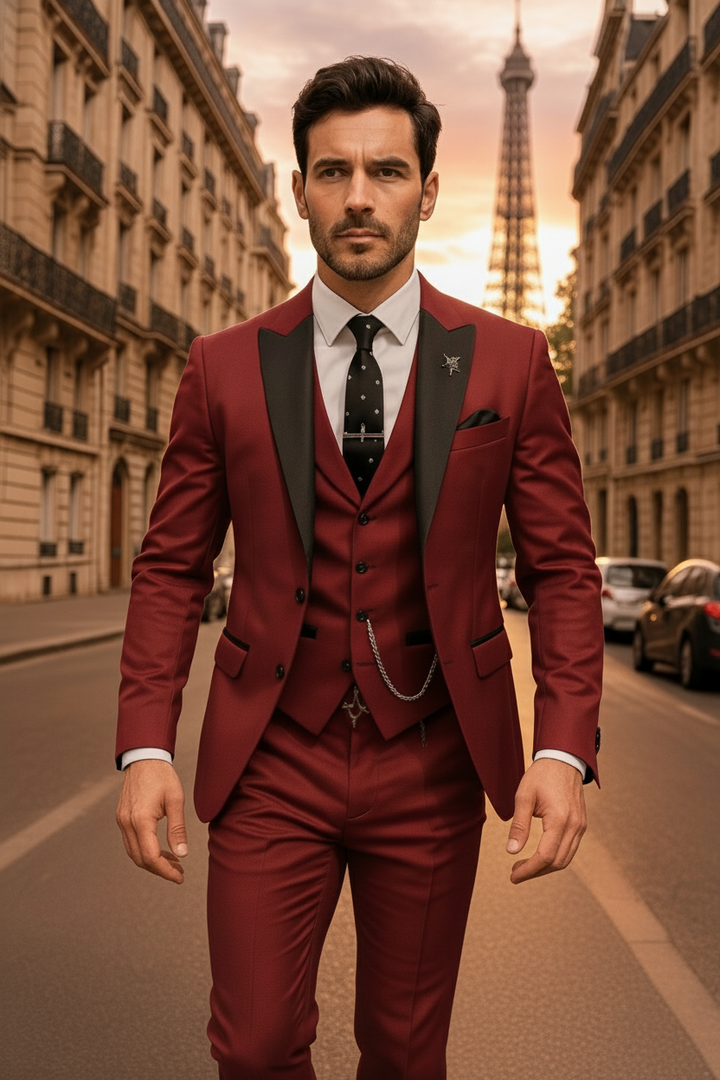 Complete ensemble: Men's formal three-piece suit, an essential for sophisticated spring menswear.