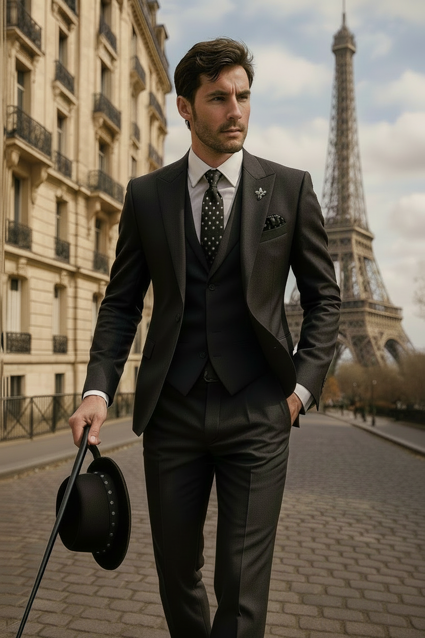 Tailored men's three-piece suit featuring a jacket, waistcoat, and trousers, ideal for spring menswear.