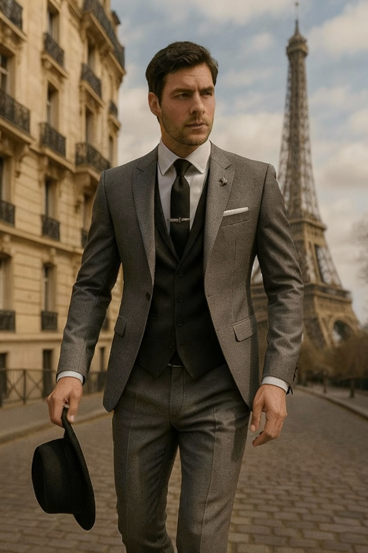Close-up of a sophisticated men's three-piece formal suit fabric, highlighting quality and classic style.