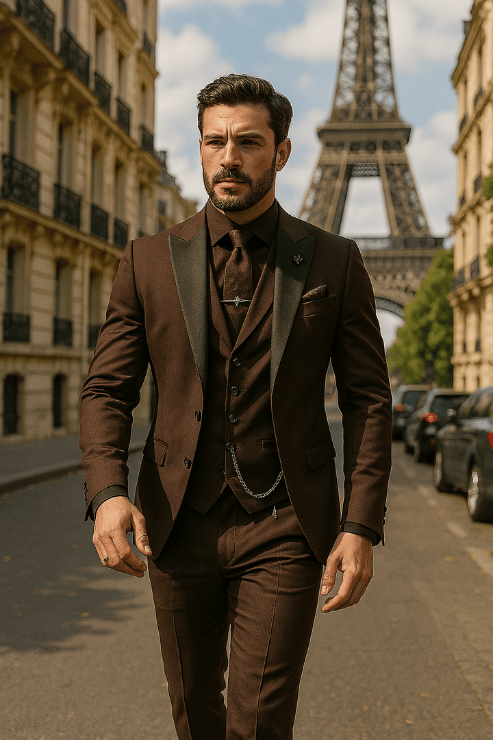 Detail of the waistcoat and jacket of a men's formal spring suit, emphasizing tailored fit.