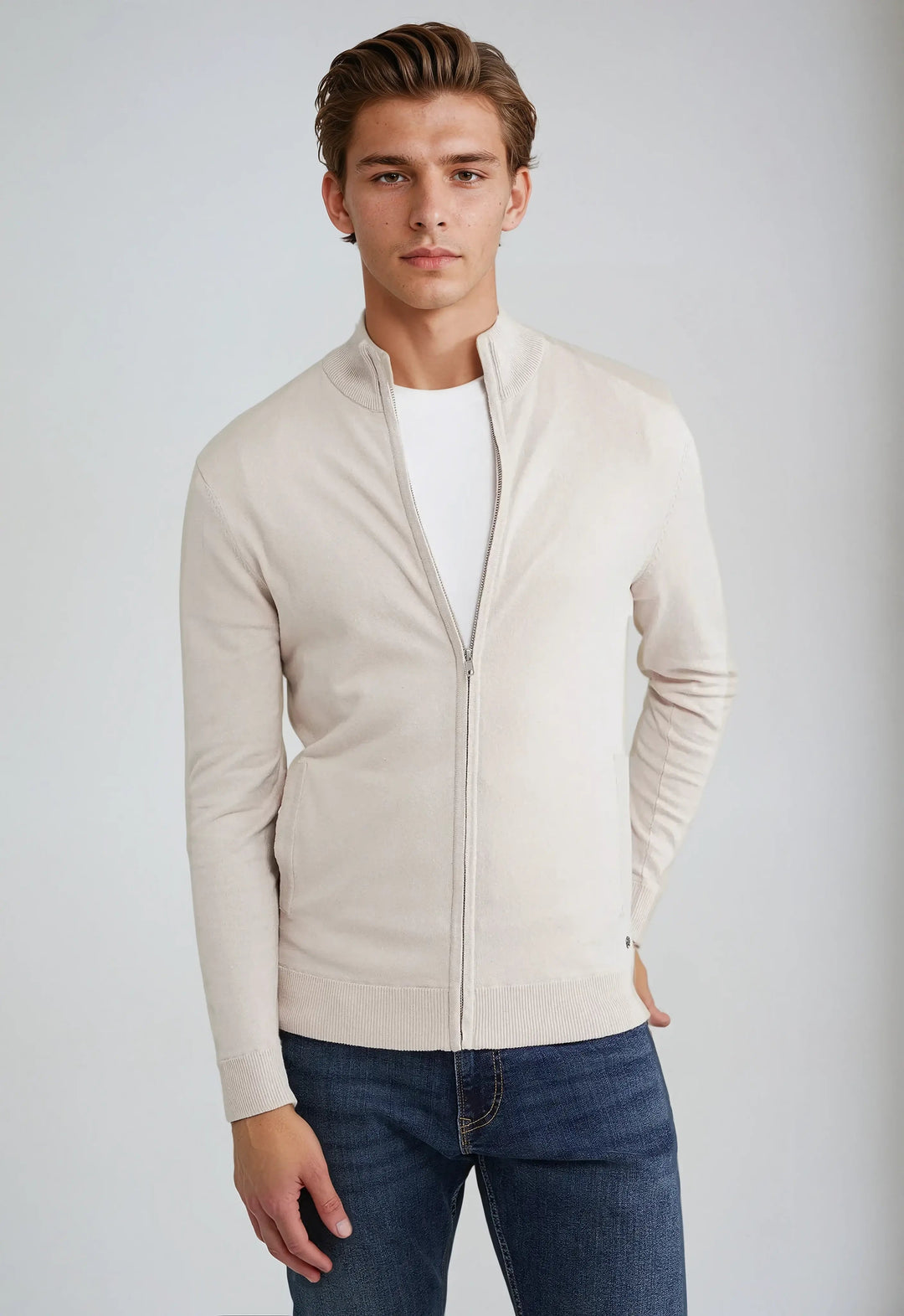 Comfortable men's high neck, full zip sweater in a classic design, great for everyday casual wear.