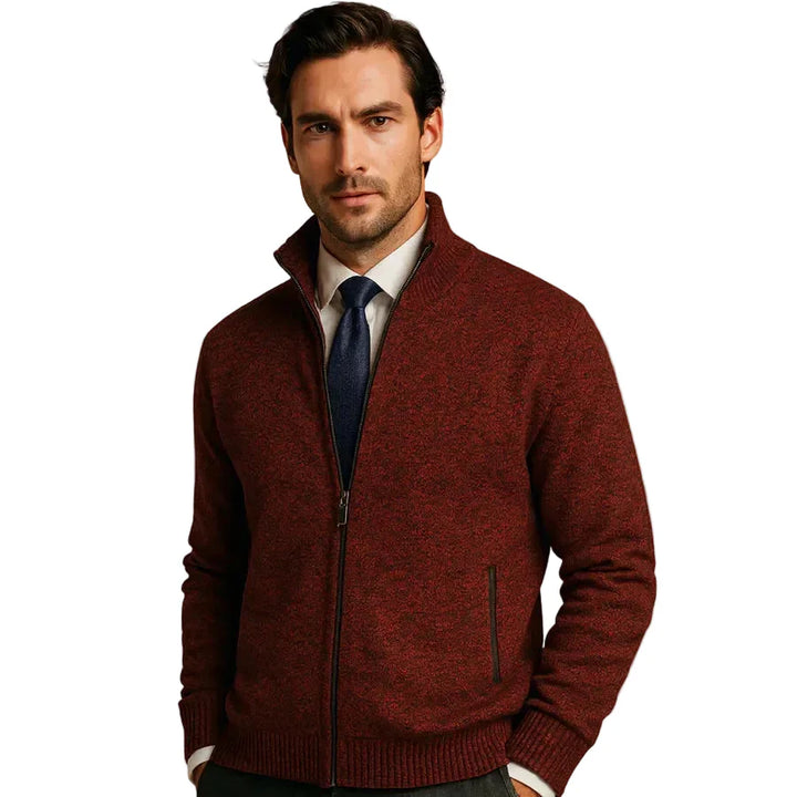 Versatile men's cardigan featuring a stand collar and full zipper, ideal for comfortable layering fashion.