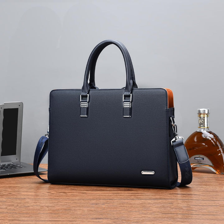 Men's genuine leather briefcase, multi-compartment for business travel.