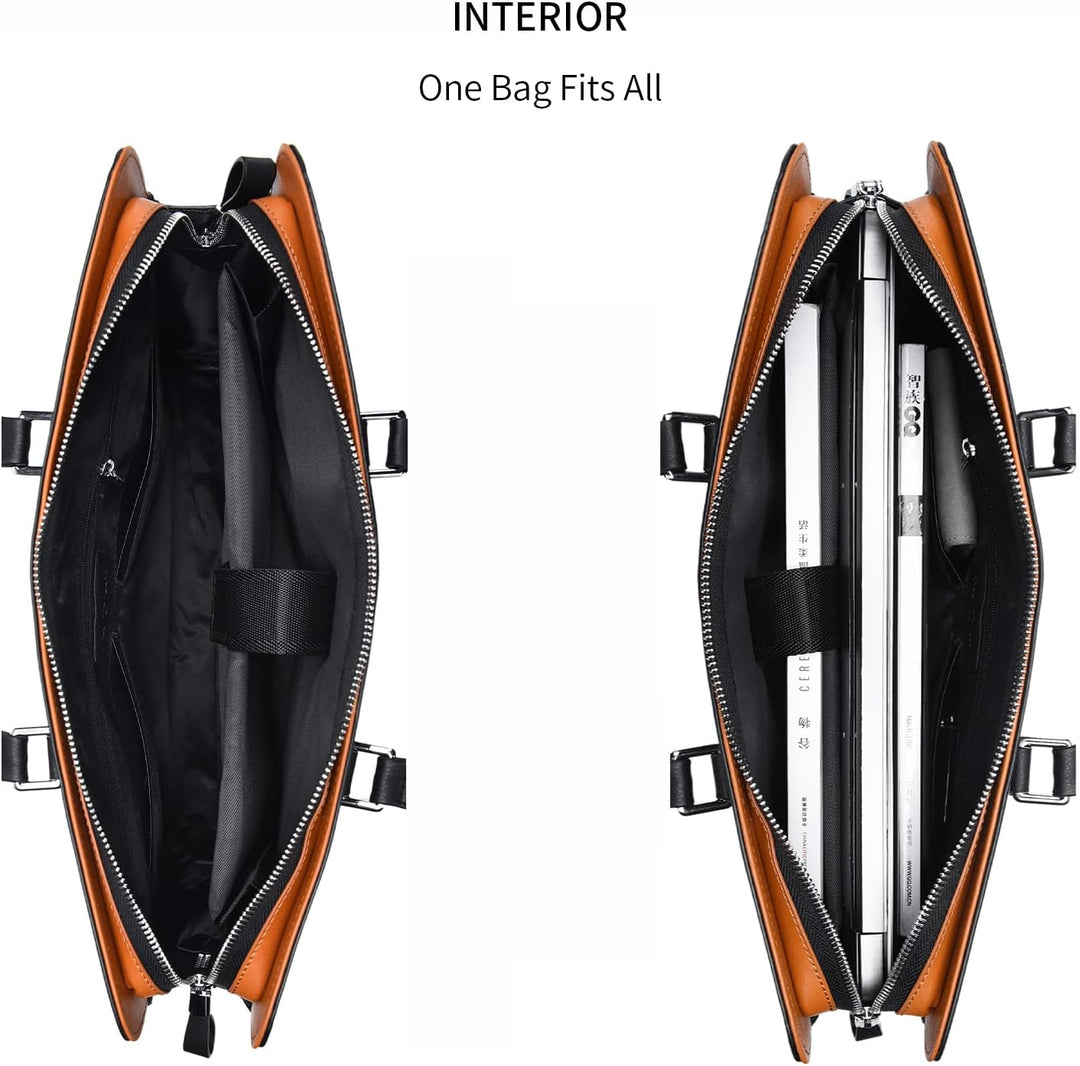 Professional men's leather laptop bag with multiple organized pockets.