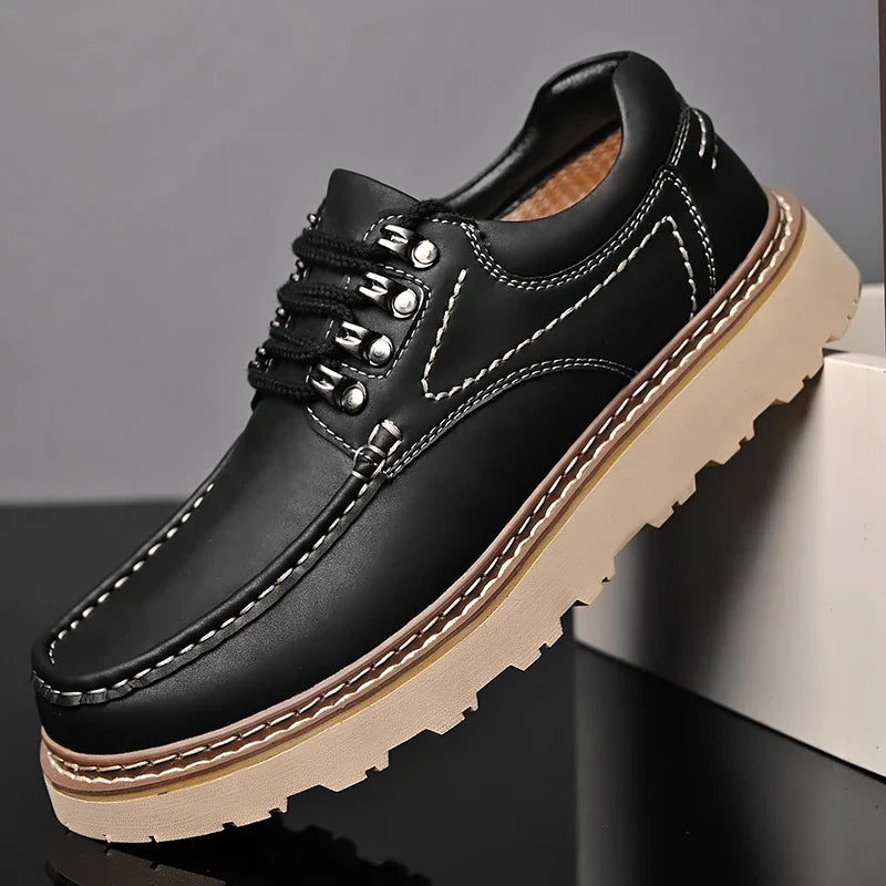 Model wearing rich brown genuine leather casual walkers, showcasing everyday style