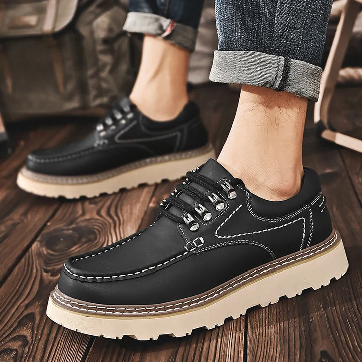 Men's genuine leather casual walkers, rich brown, paired with jeans for a casual look
