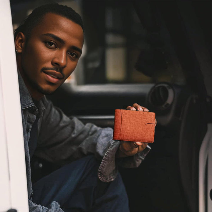 Slim profile men's genuine leather wallet, RFID blocking, perfect front pocket fit