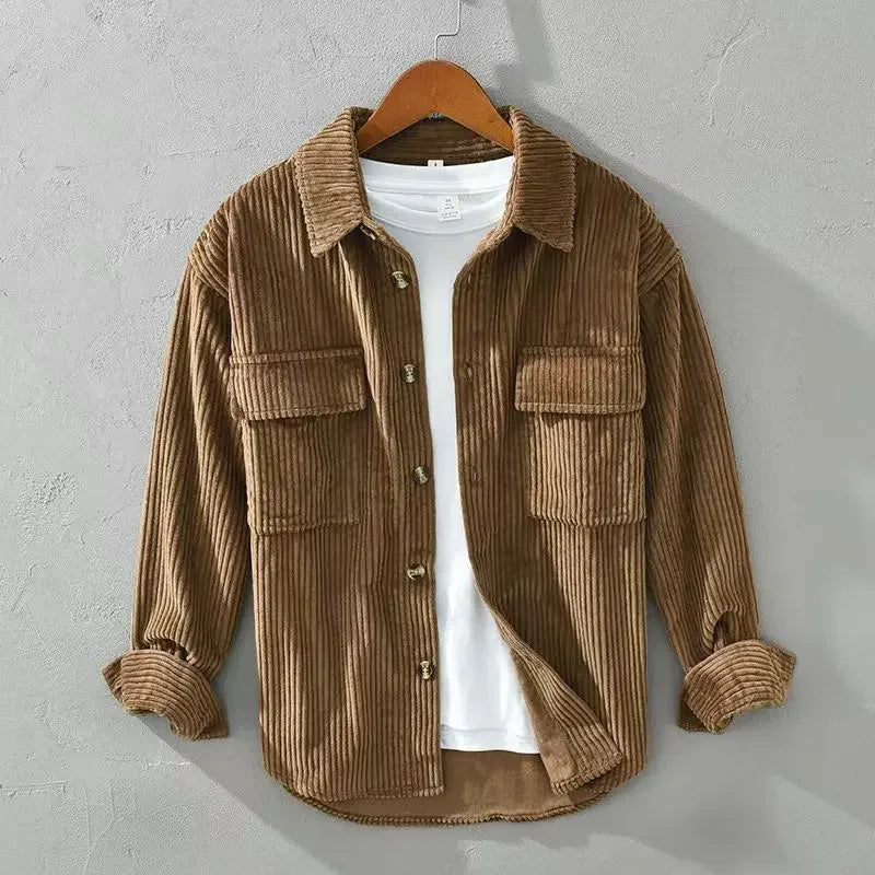 Men's green ribbed corduroy overshirt, long sleeve button down for casual layering