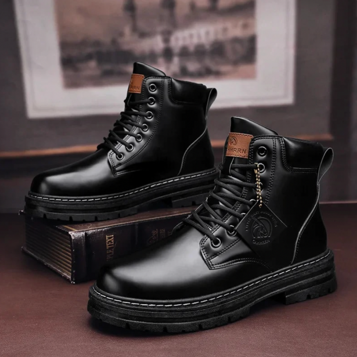 Side view of men's comfort lace-up ankle boots, non-slip tread, durable design for active men's fashion
