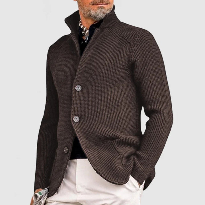 Stylish men's knit cardigan. Comfortable button-front sweater, ideal men's fashion knitwear for cold weather.