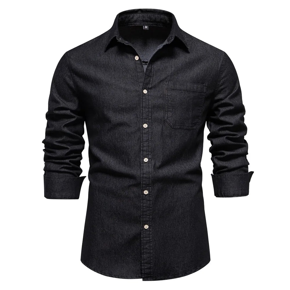 Classic men's light blue denim button-up shirt, essential for a stylish wardrobe