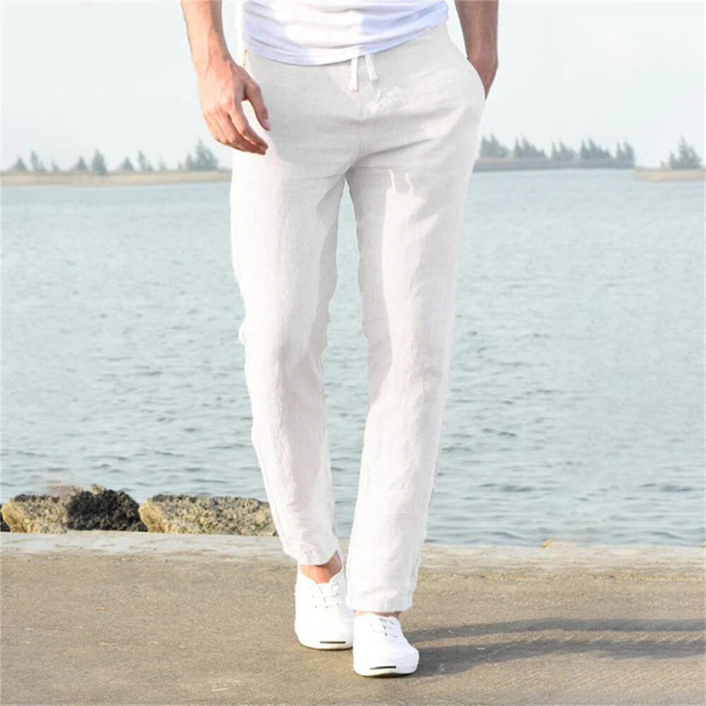 Men's lightweight linen blend trousers in a relaxed fit, perfect for summer comfort and casual style.