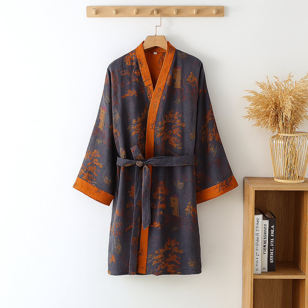 Men's lightweight purple orange jacquard cotton kimono robe. Comfortable & breathable loungewear.