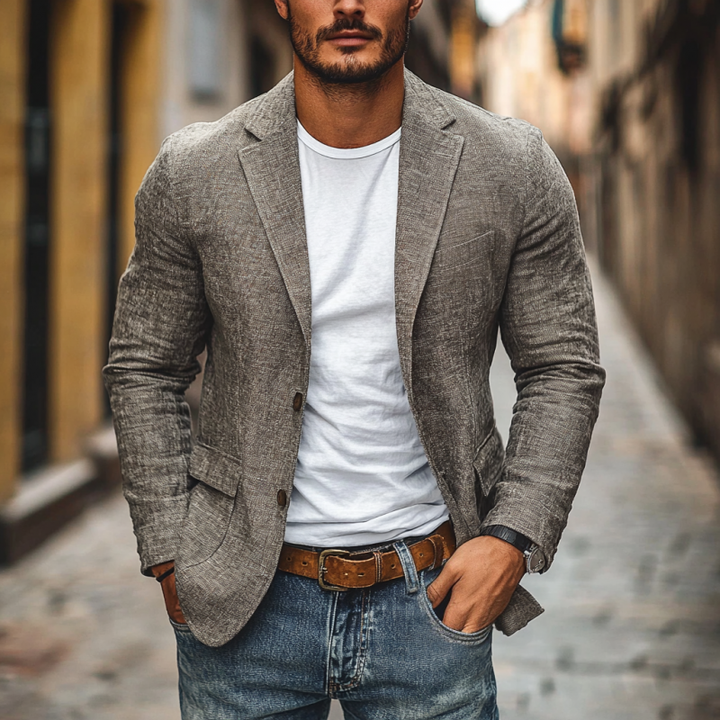 Men's fashion single-breasted blazer with notch lapel. Great for business casual, warm weather formal wear, and summer events.