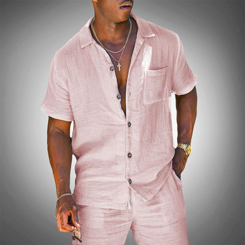 Men's short sleeve linen blend shirt and shorts set for summer fashion. Comfortable casual loungewear outfit.