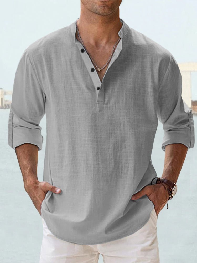 Comfortable men's casual Henley shirt, long sleeve with mandarin collar, for everyday relaxed fit.
