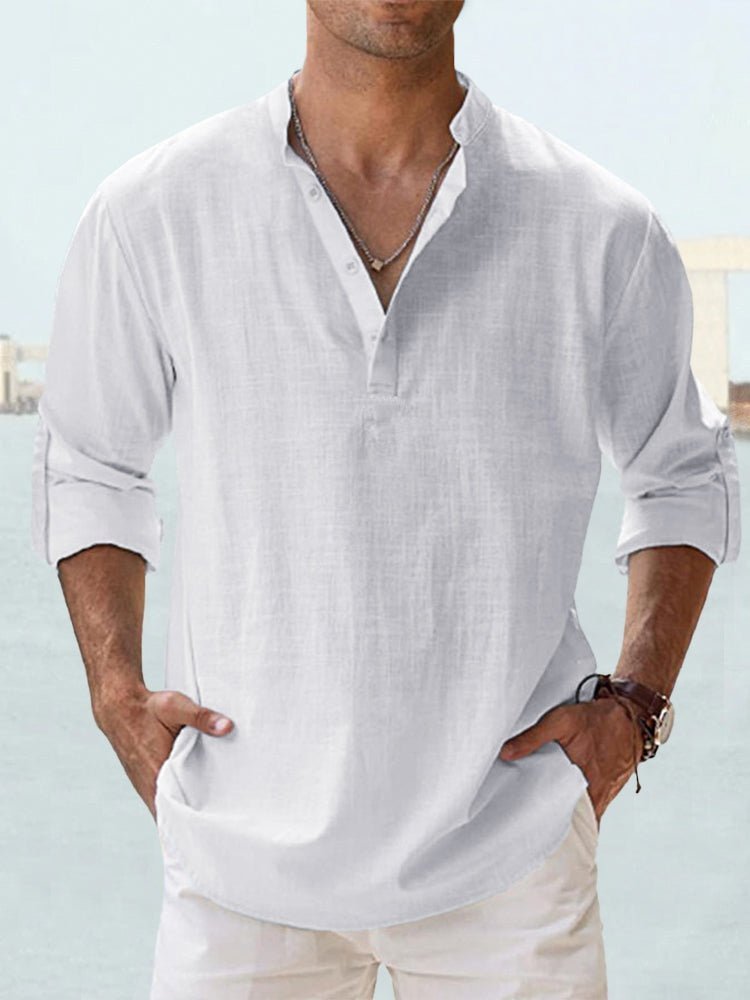Versatile men's long sleeve Henley shirt with mandarin collar; perfect for casual & summer fashion.