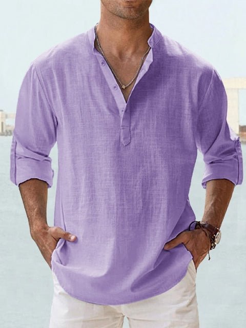Men's long sleeve Henley shirt, mandarin collar, casual wear, relaxed fit. Great for summer fashion.