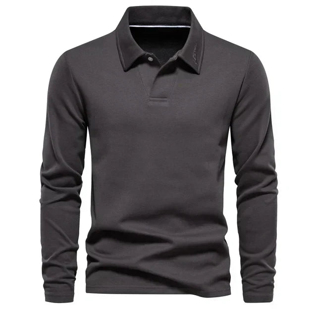 Embroidered men's long-sleeve polo shirt with turn-down collar, a classic and versatile piece for any wardrobe.