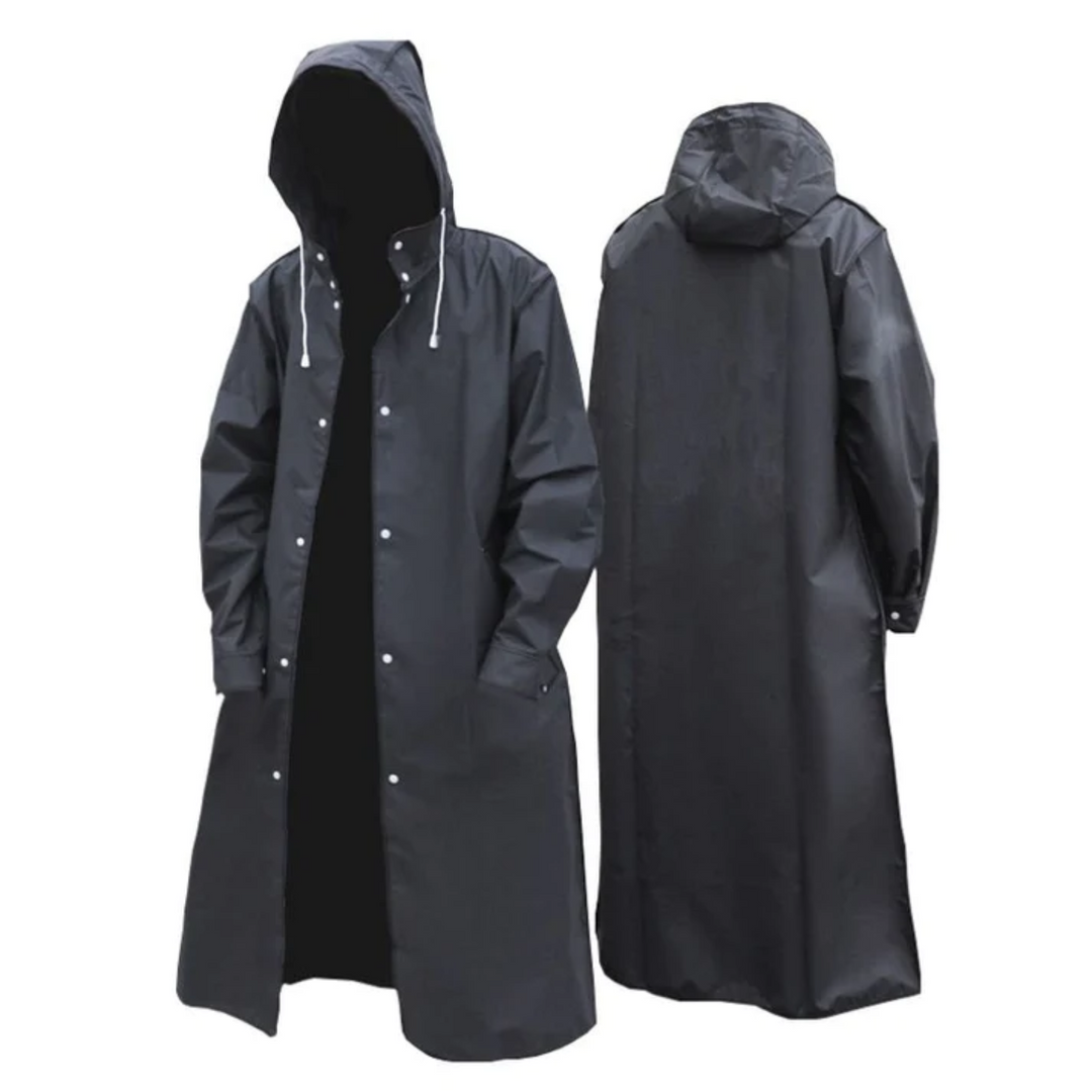 Men's long waterproof rain jacket with adjustable hood in black. Ideal for all-weather outerwear & winter protection.