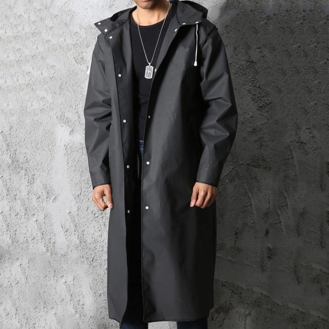 Durable men's long waterproof rain jacket, black, with adjustable hood. Perfect heavy-duty outerwear for all weather.