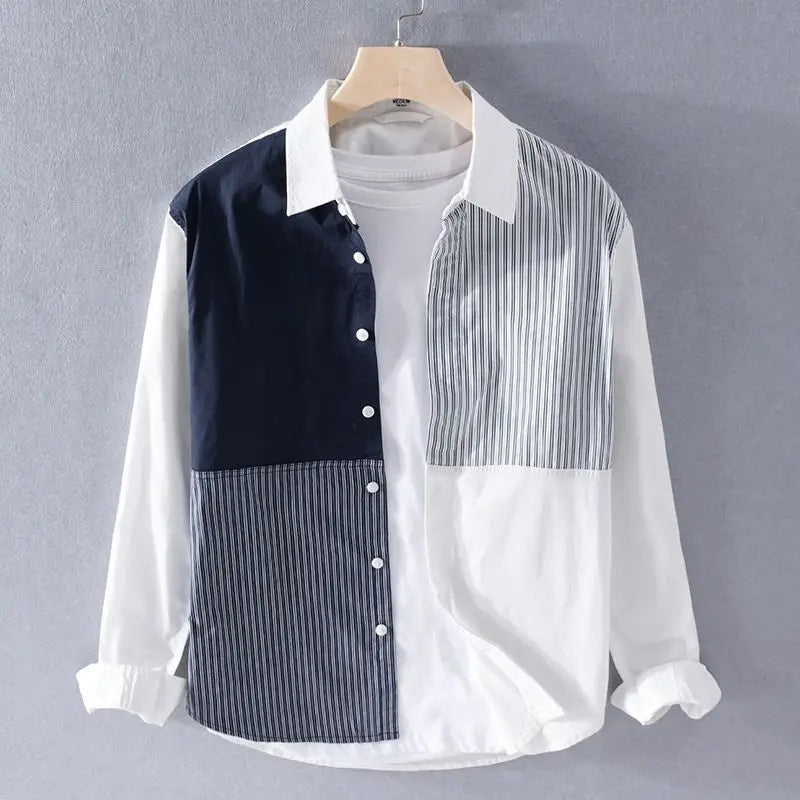 Men's modern fit casual shirt with blue and white stripe contrast panel, short sleeve, cotton blend