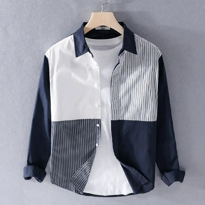 Detailed image of the fabric and stitching on a men's contrast panel cotton blend stripe shirt